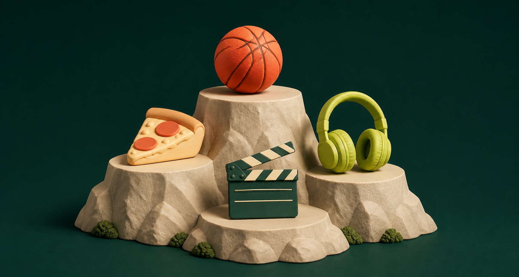 Four favorite picks—sports, food, music and movies—on a miniature mountain.